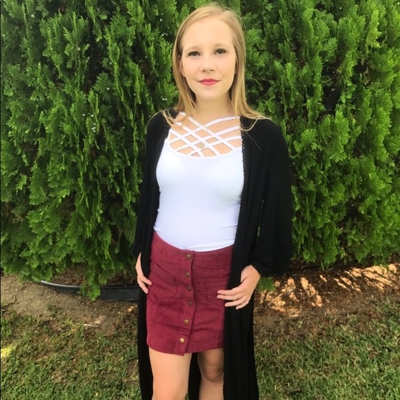 Corduroy Button Front Skirt- Wine - Picture 1 of 4